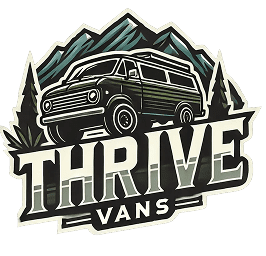 Illustration of a van labeled "Thrive Vans" with mountains and trees in the background.