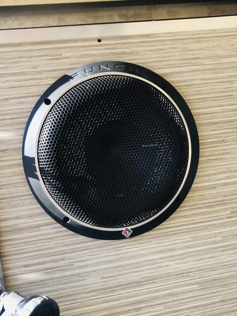 Round black speaker with a grille cover is mounted on a wooden surface. The word "Punch" is visible on the speaker frame.